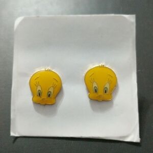 Vintage Gold Tone Yellow Looney Tunes Tweety Bird Pierced Earrings